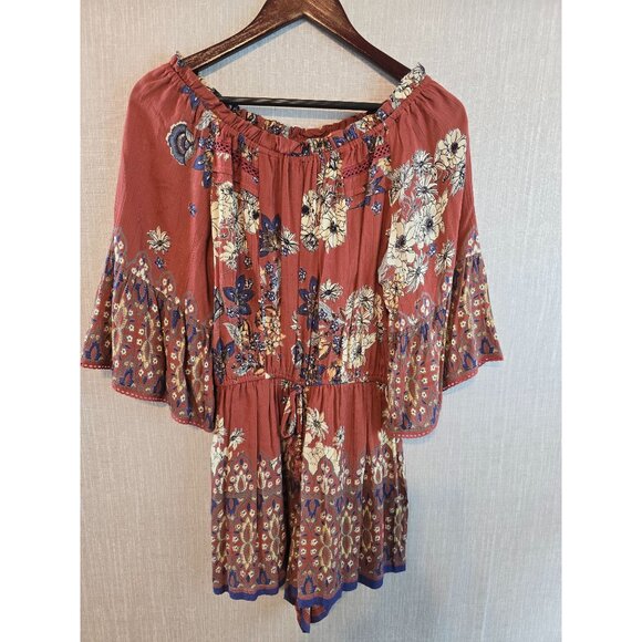 Angie Rust Floral Print Off-Shoulder Romper With Bell Sleeves & Waist Tie Size M - Picture 1 of 15